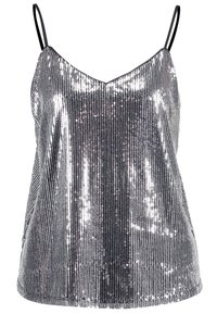 Haut en camisole en sequins argentés avec de fines bretelles noires et un décolleté en V, conçu pour des soirées ou des occasions festives.