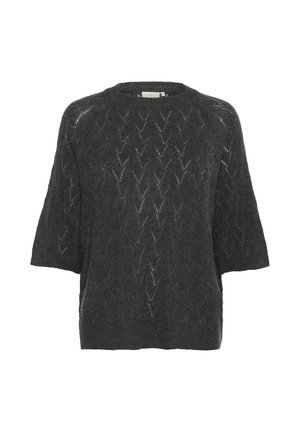 Dunkelgrauer Strickpullover mit kurzen Ärmeln, der ein Zickzackmuster und einen runden Ausschnitt aufweist. Hergestellt aus einem strukturierten, leichten Material.