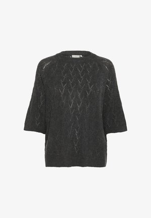 Dunkelgrauer Strickpullover mit kurzen Ärmeln, der ein Zickzackmuster und einen runden Ausschnitt aufweist. Hergestellt aus einem strukturierten, leichten Material.