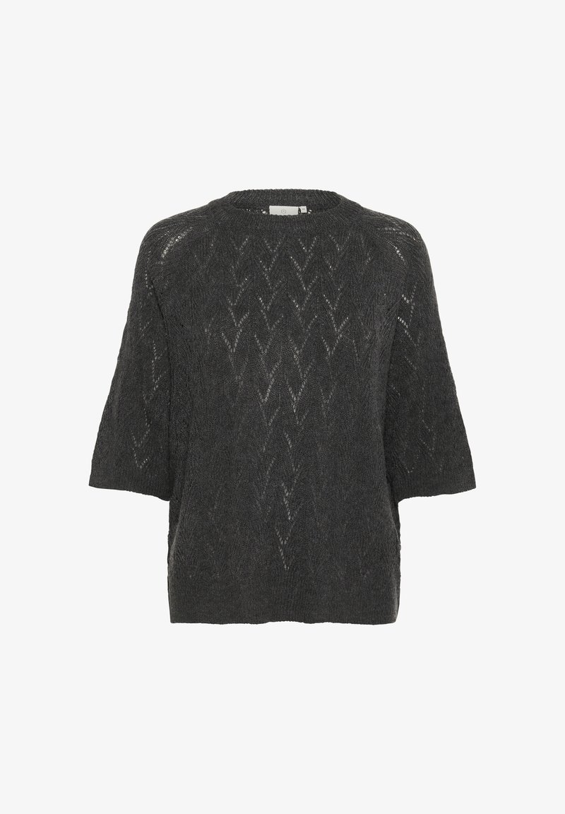 Pulover tricotat gri închis cu mânecă scurtă, având un model în zigzag și un guler rotund. Fabricat dintr-un material texturat și ușor.