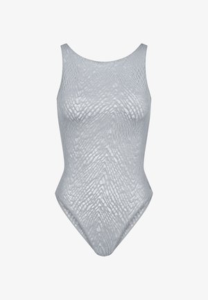 Mouwloos lichtgrijs bodysuit met gestructureerde diamant- en chevronpatronen, hoog uitgesneden benen en een ronde halslijn.