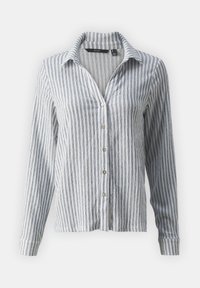 Chemise à manches longues, boutonnée, rayures verticales bleues et blanches, col pointu et poignets sur fond uni.