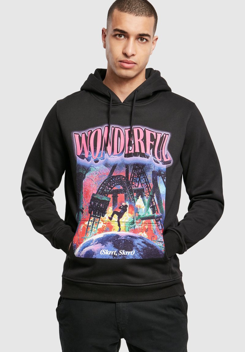Felpa con cappuccio nera caratterizzata da una stampa grafica con la scritta "WONDERFUL" in rosa, design multicolore vivace e polsini e orlo a costine.