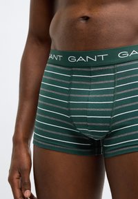 Zöld csíkos boxeralsó szürke és fehér vízszintes csíkokkal, GANT logós derékpánttal és testhez simuló szabással. Puha anyag textúra.