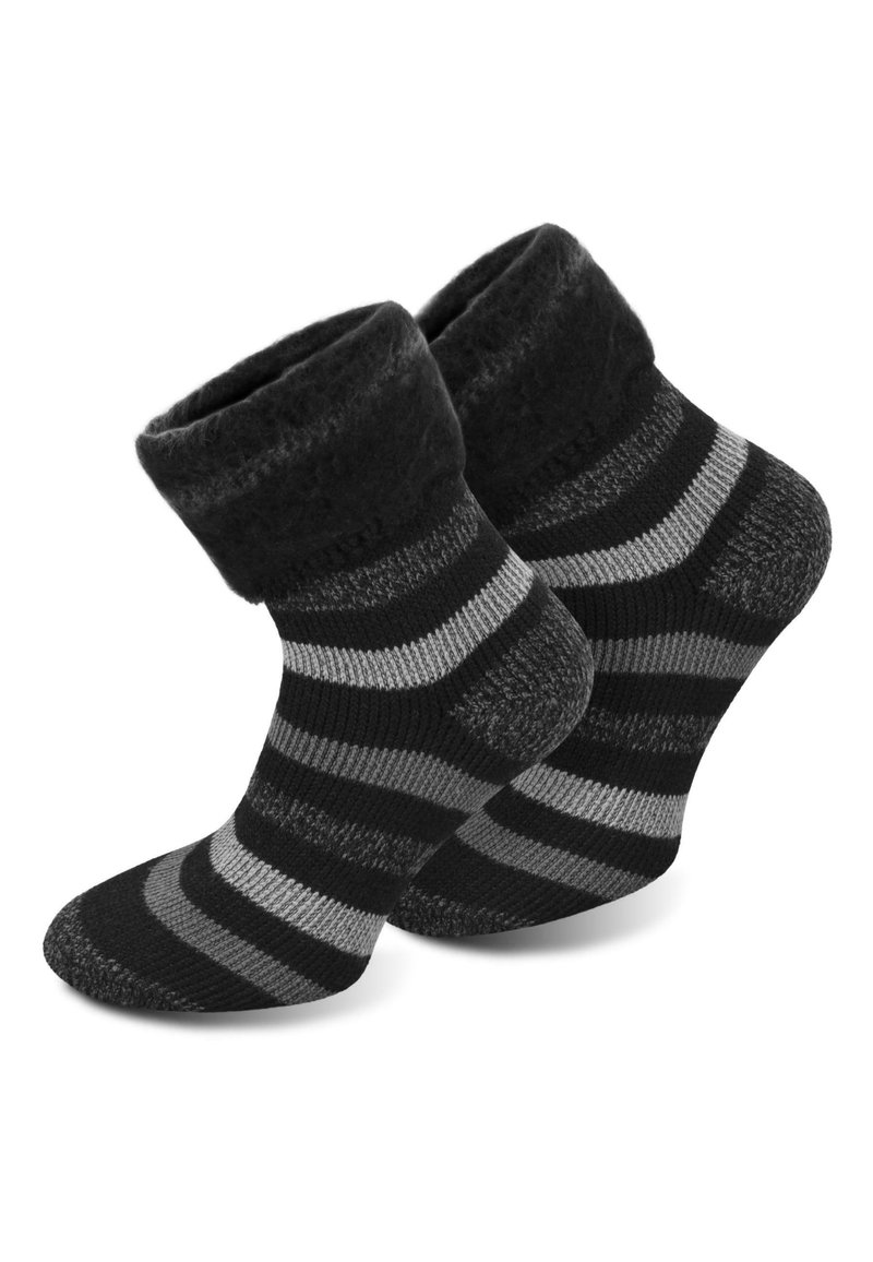 Schwarz- und grau gestreifte Socken mit einem weichen, flauschigen Bündchen. Das Design zeigt abwechselnde Streifen und ein strukturiertes Muster im Fußbereich.