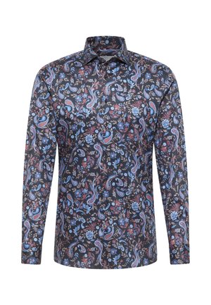 Long-sleeve shirt in dark fabric featuring a multicolored paisley and floral pattern with a classic collar and button closure.