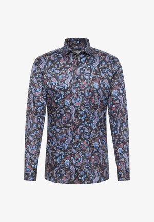 Long-sleeve shirt in dark fabric featuring a multicolored paisley and floral pattern with a classic collar and button closure.