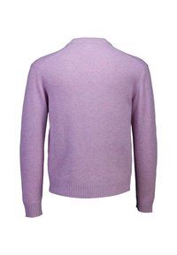 Vaaleanvioletti neulepaita, jossa on ribattuja helmoja ja hihansuita, pyöreä pääntie sekä sileä, pehmeä tekstuuri. Takakatsaus esitetty.