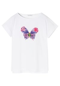 Witte katoenen T-shirt met een kleurrijke vlinder en bloemenafdruk in het midden. Korte mouwen met een ontspannen pasvorm.