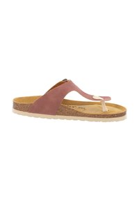 Roze suède flip-flop sandaal met kurken voetbed, beige rubberen zool en witte teenpostaccent. Beschikt over een asymmetrisch strapdesign.