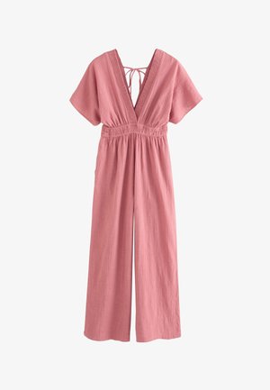 Rosa Jumpsuit mit weitem Bein, kurzen Ärmeln, tiefem V-Ausschnitt, geraffter Taille, strukturierter Stoff und Bindverschluss am Nacken.