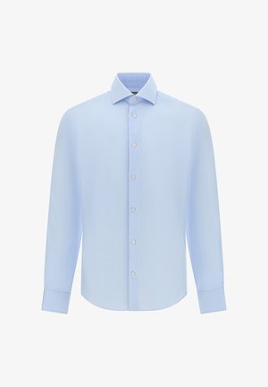 Světle modrá košile s dlouhým rukávem vyrobená z látky, s knoflíkovým zapínáním vpředu, rozloženým límcem a zaobleným lemem. Texturovaný povrch s lesklými knoflíky.