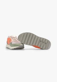 Sneakers with a light pink upper, green accents, and an orange detail. Features a textured grey outsole and lace-up closure.