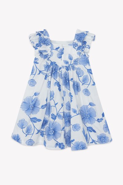Μπλε λουλουδάτο φόρεμα με βολάν στους ώμους, με λευκό φόντο, σούρα στη μέση και λεπτά μπλε ανθών μοτίβα σε όλο το ύφασμα.