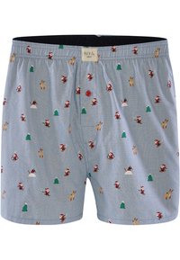 Světle modré trenýrky s veselým vzorem, na kterém jsou lyžaři v červených kombinézách, sobi a stromy. Elastický pas s červeným knoflíkem.