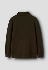 Pullover a maglia di colore marrone scuro, con colletto a coste, maniche lunghe e orlo dritto. Il tessuto appare liscio senza motivi visibili.