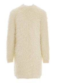 Cappotto in pelliccia sintetica con una consistenza lunga e morbida di colore crema. Caratterizzato da maniche lunghe e un collo rotondo, con una vestibilità over.