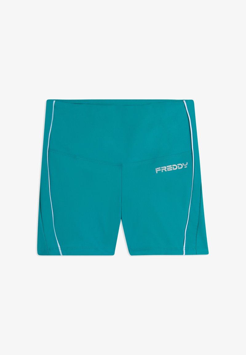 Pantalones cortos deportivos color turquesa, hechos de una tela suave, con ribetes blancos en los laterales y un logotipo bordado de "FREDDY" en la parte frontal izquierda.