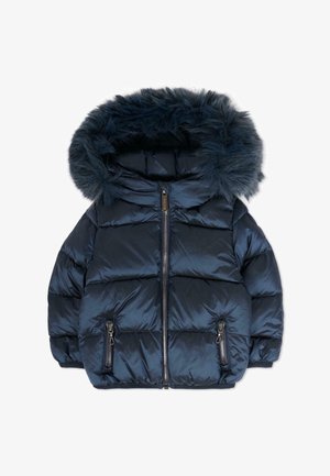 Veste d'hiver matelassée bleu marine avec capuche à fourrure, fermeture éclair à l'avant et deux poches zippées, conçue pour les temps froids.