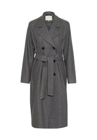 Sivý vlnený trench coat zmes s dvojradovým designom, veľkými čiernymi gombíkmi, opaskom v páse a klopovými goliermi. Dlhé rukávy a vrecká.