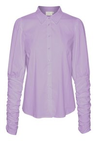 Blouse boutonnée lavande avec col pointu et manches longues froncées, coupe ajustée, taille indiquée 38.