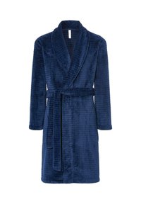 Bata de baño de color azul marino, de felpa, con un patrón de cuadros texturizado, cuello amplio, mangas largas y un cinturón a juego en la cintura.