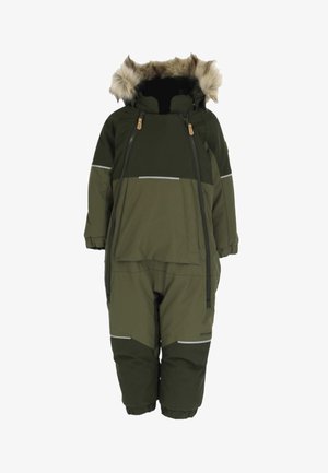 Olijfgroen waterdichte sneeuwoverall met een capuchon van nepbont, ritszakken aan de voorkant, reflecterende strips en elastische manchetten voor een perfecte pasvorm.