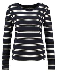 Camisa de manga larga en color navy con rayas horizontales blancas y crema. Presenta un escote redondo y una textura acanalada en toda la tela.