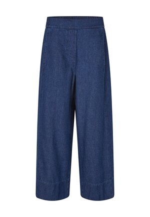 Dark blue denim culottes with an elastic waistband, wide-legged design, and minimal stitching details. Features side pockets.