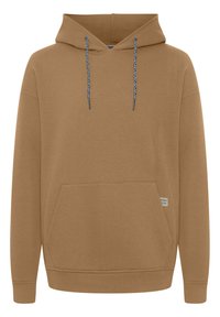 Felpa con cappuccio marrone realizzata in tessuto morbido. Presenta una tasca frontale, lacci a contrasto blu e polsini e orlo a coste.