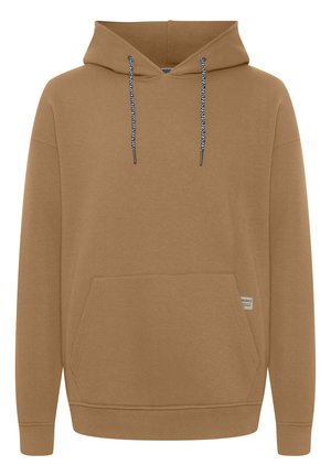 Bruine hoodie gemaakt van zachte stof. Voorzien van een voorzak, contrasterende blauwe koordjes en ribgebreide manchetten en zoom.