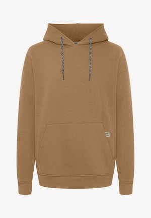 Bruine hoodie gemaakt van zachte stof. Voorzien van een voorzak, contrasterende blauwe koordjes en ribgebreide manchetten en zoom.