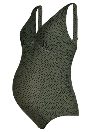 Olivgrüner Umstandsbadeanzug mit schwarzem unregelmäßigem Punktemuster, gerafften Seiten und breiten, stützenden Schulterträgern.
