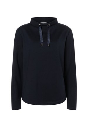 Long-sleeve black sweatshirt with a high collar and two dark ribbon drawstrings hanging from metal eyelets at the neckline.