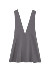 Graues ärmelloses Top mit tiefem V-Ausschnitt, ausgestelltem Design und glatter Textur, mit minimalen Nähten und ohne sichtbare Hardware.