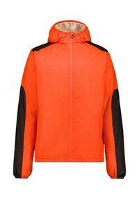 Giacca imbottita arancione con zip frontale, pannelli laterali neri, polsini elastici e cappuccio foderato con materiale morbido. Tessuto leggero e strutturato.