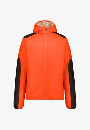 Oranje gewatteerd jack met een ritssluiting aan de voorkant, zwarte zijpanelen, elastische manchetten en een capuchon gevoerd met zacht materiaal. Gestructureerde, lichtgewicht stof.