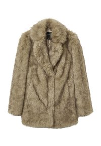 Cappotto in finta pelliccia di colore marrone chiaro, con colletto e chiusura doppiopetto, dalle texture morbida e pelosa e dal fit rilassato.
