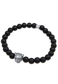 Bracciale di perle nere con un centrale a forma di testa di pantera in argento e accentuazioni metalliche, caratterizzato da una superficie liscia opaca e perle tonde.