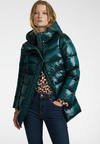 Groene pufferjas met een hoge kraag, glanzende afwerking en horizontale stiksels. Voorzien van een rits aan de voorkant en accenten van goudkleurige hardware.