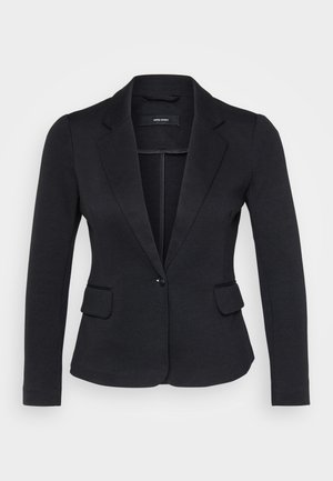 Mustmustükk musta bleiser, millel on kohandatud sobivus, kaks esitaskut, ühe nööbiga sulgemine ja sälguga kraed, valmistatud tekstureeritud kangast.