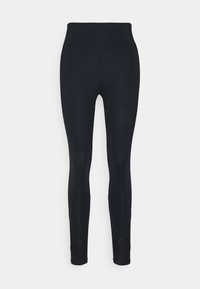 Czarne legginsy z wysokim stanem, gładką fakturą i prążkowanymi detalami przy kostkach, wykonane z elastycznego materiału dla wygody i swobody ruchów.