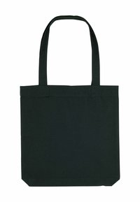 Zwarte canvas draagtas met twee handvaten, rechthoekige vorm, strakke uitstraling en een platte bodem voor stabiliteit. Geen zichtbare patronen of metalen onderdelen.