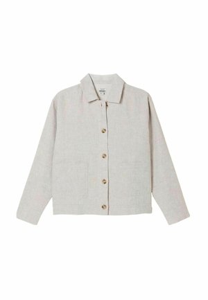 Light beige button-up jacket with long sleeves, two front pockets, and a classic collar, laid flat on a white background.