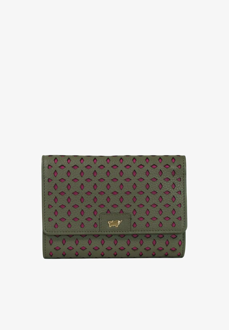 Portefeuille vert olive avec des découpes en forme de losange révélant un magenta en dessous et un petit emblème de taureau doré sur le rabat avant.