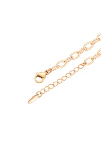 Collana in oro con maglie ovali, chiusura a moschettone e catena regolabile con dettaglio a forma di etichetta ovale.