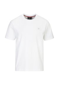 Weißes Baumwoll-T-Shirt mit rundem Halsausschnitt, kurzen Ärmeln und einem kleinen Logopatch auf der Brust. Hat ein gestreiftes Krageninneres.