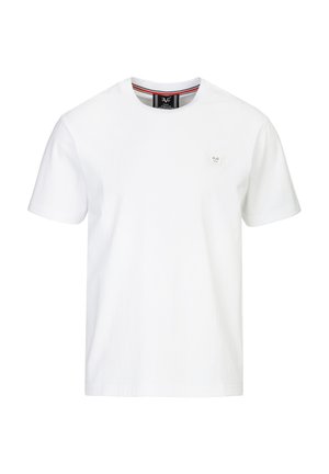 Weißes Baumwoll-T-Shirt mit rundem Halsausschnitt, kurzen Ärmeln und einem kleinen Logopatch auf der Brust. Hat ein gestreiftes Krageninneres.