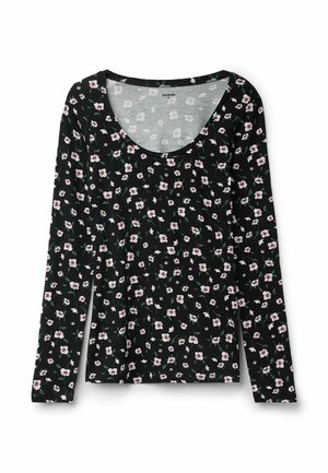 Langarmshirt van zwarte stof met een bloemmotief in tinten van roze en wit. U-vormige halslijn en zachte textuur.