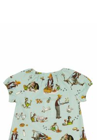 Lyhytsleeveinen, vaaleansininen puuvillapaita, jossa on leikkisä kuvasto eläimistä ja ihmisistä maataloustöissä. Elastinen kaula-aukko.